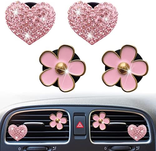 Bling Heart & Daisy Air Vent Clips, 4 Pcs Pink Heart & Flower Car Air Fresheners Vent Clips Car Diffuser Vent Clip Rhinestone Diamond Car Decoration Car Interior Decor Cute Car Accessories for Women Xinjincang