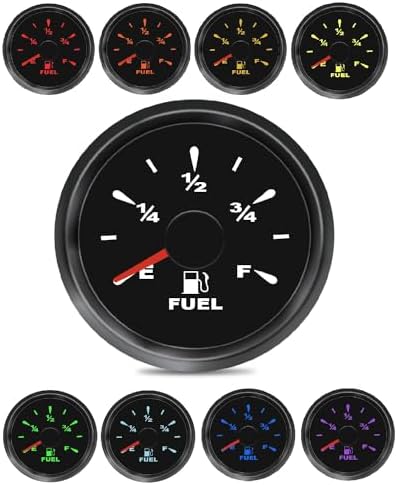 52MM 240-33ohm Boat Fuel Level Gauge IP67 Waterproof Universal 9-32v Replace Gauge 240-33ohm 0-190ohm 0-180ohm 10-180ohm Fit for 12V/24V Car Boat Truck Motorcycle, 8 Color Backlight (Black Edge) Augrex