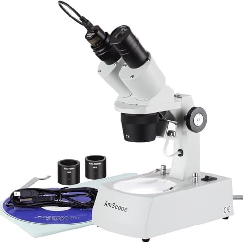 AmScope SE305R-A-E Digital Forward-Mounted Binocular Stereo Microscope, WF10x Eyepieces, 10X/30X Magnification, 1X and 3X Objectives, Upper and Lower Halogen Light Source, Arm Stand, 120V, Includes 0.3MP Camera and Software AmScope