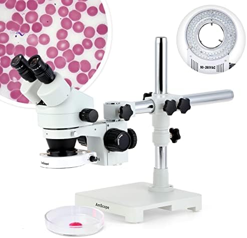 AmScope SM-3BX-80S Professional Binocular Stereo Zoom Microscope, WH10x Eyepieces, 3.5X-45X Magnification, 0.7X-4.5X Zoom Objective, 80-Bulb LED Ring Light, Single-Arm Boom Stand, 90V-265V, Includes 0.5x Barlow Lens AmScope