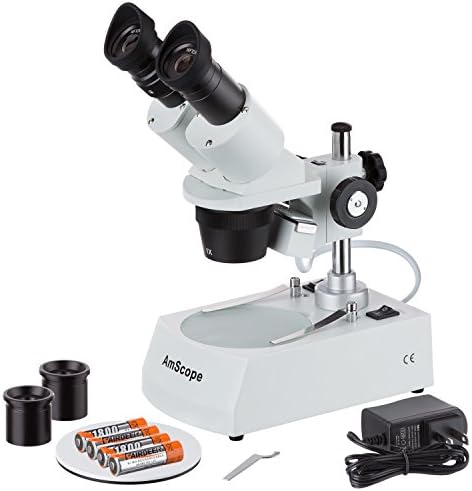 AmScope SE305R-PZ-LED Forward-Mounted Binocular Stereo Microscope, WF10x and WF20x Eyepieces, 10X/20X/30X/60X Magnification, 1X and 3X Objectives, Upper and Lower LED Lighting, Reversible Black/White Stage Plate, Pillar Stand, 120V or Battery-Powered AmScope