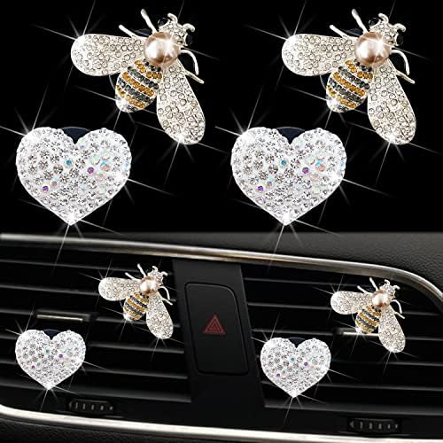 Bling Bee Air Vent Clips, Crystal Bee Heart Car Air Fresheners Vent Clips Car Diffuser Vent Clip Rhinestone Bee Car Decoration Car Interior Decor Bling Car Accessories for Women (Bee & Heart) Xinjincang