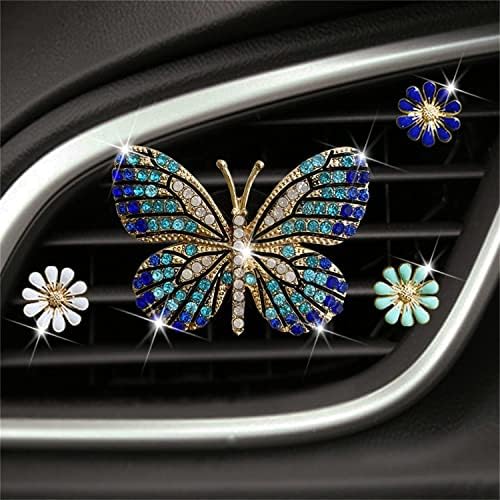 Bling Butterfly & Daisy Air Vent Clips, 4 Pcs Blue Flower Car Air Fresheners Vents Clips Car Diffuser Diamond Car Interior Decor Cute Car Accessories Car Decoration for Women + Mask Hook Xinjincang