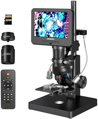 LM266S 5 Lens HDMI Digital Microscope 5000X for Adults, Lab Biological Microscope Camera with Screen for Slides Kit Mechanical Stage, UHD 2160P Video, 7" LCD Coin Microscope Full View, 32GB Linkmicro