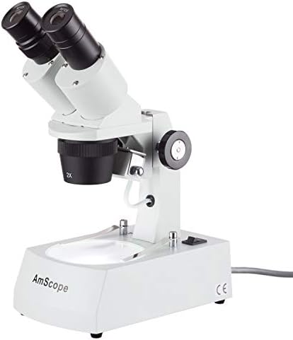 AmScope SE306R-AY Forward-Mounted Binocular Stereo Microscope, WF10x and WF15x Eyepieces, 20X/30X/40X/60X Magnification, 2X and 4X Objectives, Upper and Lower Halogen Lighting, Reversible Black/White Stage Plate, Arm Stand, 120V AmScope