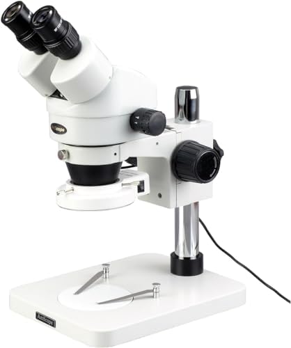 AmScope SM-1BSZ-144S Professional Binocular Stereo Zoom Microscope, WH10x Eyepieces, 3.5x-90x Magnification, 0.7X-4.5X Zoom Objective, 144-Bulb LED Ring Light, Pillar Stand, 110V-240V, Includes 0.5x and 2.0x Barlow Lenses AmScope