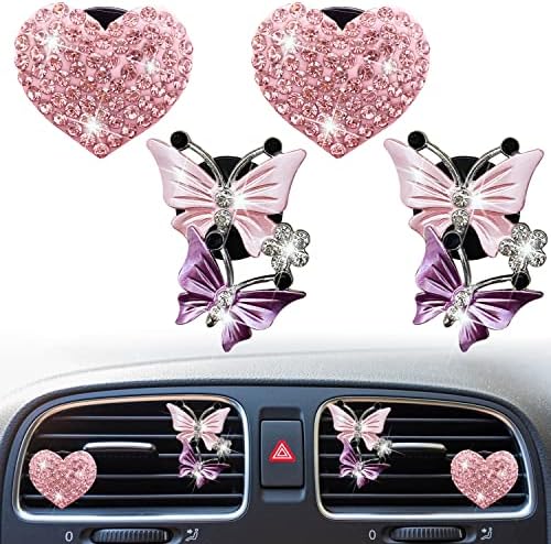 Bling Heart & Butterfly Air Vent Clips, Pink Heart&Butterfly Car Air Fresheners Vent Clips Car Diffuser Vent Clip Rhinestone Diamond Car Decoration Car Interior Decor Cute Car Accessories for Women Xinjincang