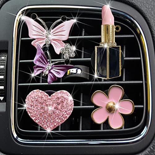 Butterfly Daisy Lip Air Vent Clips, Bling Heart Flower Car Air Fresheners Vent Clips Car Diffuser Vent Clip Rhinestone Car Decoration Car Interior Decor Cute Pink Car Accessories for Women Gowxs