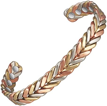 Three Colours Braided Style Design Magnetic Cuff Bangle-Magnetic Copper Bracelets for Women or Men, Copper Bangles with 8 Magnets, 6.5'', Adjustable Size, Women's Day Gift for Mom, Wife, Adjustable, EnerCoppeX