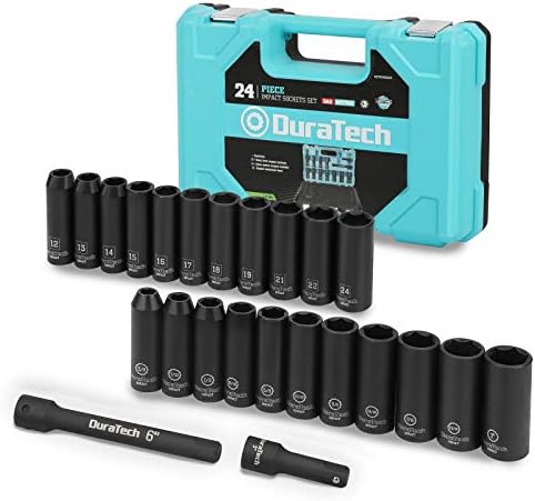 DURATECH 24-Piece Impact Socket Set, 1/2" Drive Deep Impact Socket Set with 2pcs 1/2-Inch Hexagon Extension Bars, Metric ＆ SAE, Hard Case Included Duratech