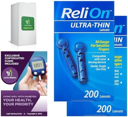 ReliOn Ultra-Thin Lancets, 30-Gauge, for Sensitive Fingers, 200 Ct (2 Pack) Bundle with Exclusive Better Light&Spring Guide Living Well with Diabetes (3 Items) LightSpring