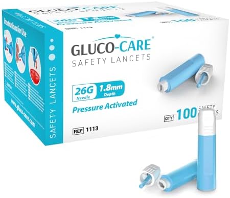 Safety Lancets, Contact-Activated, 26Gx 1.8mm, Pre-Loaded, Sterile, Box of 100 GLUCO-CARE