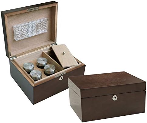 Prestige Import Group Stash Cachet Humidor Box with 4 Glass Jars w/Ventilated Tops, Humidifier and Storage Compartment - Color: Mahogany Prestige Import Group