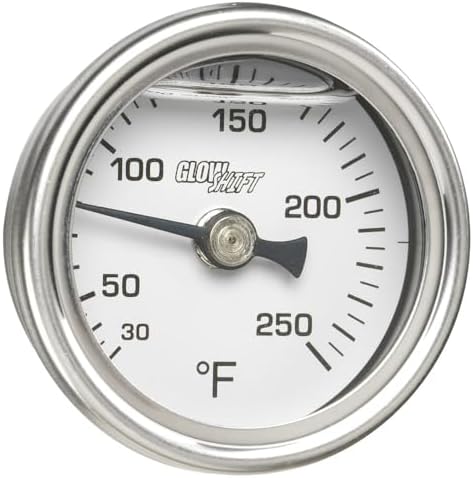 GlowShift Liquid Filled Mechanical 250 F Temperature Gauge - for Water Coolant or Oil Temp - 3/8-18 NPT Threaded Sensor - White Dial - Waterproof - 1-1/2" (38mm) Diameter GlowShift