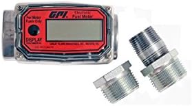 GPI 113255-1, 01A31GM Aluminum Turbine Fuel Flowmeter with Digital LCD Display, 3-30 GPM, 1-Inch FNPT Inlet/Outlet, 0.75-Inch Reducer Bushings, ±5% Accuracy Gpi