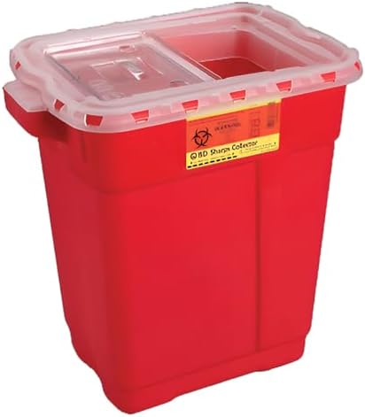 BD Medical 305615 Sharps Collector, Clear Hinged Top, X-Large, 9 gals Capacity, Red, Pack of 8 BD