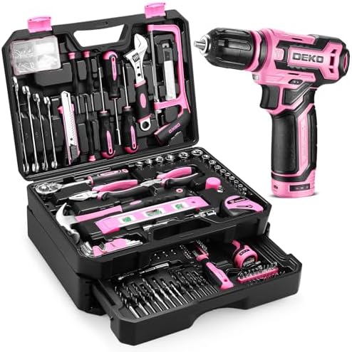 Pink Tool Kit Box Drill Set：DEKOPRO Home Mechanic Toolbox with 12V Power Cordless Drill Hand Repair Tools Sets Combo Kits Storage Organizer Drawer Case for Men & Women Dekopro