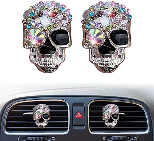 Bling 2 Pcs Crystal Skull Air Fresheners Car Diffuser Vent Clip Rhinestone Diamond Car Decoration Cute Interior Decor Car Accessories for Women Xinjincang