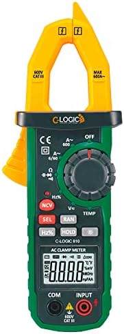 C-LOGIC 810 Professional Digital Clamp Meter NCV 6000 Counts with Working Light Voltage AC/DC 600V Current AC 600A Resistance Capacitance Frequency Temperature Jaw Opening 26mm. CAT III C-Logic