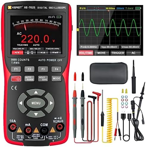 2 in 1 Handheld Oscilloscope Multimeter, 10MHz Bandwidth 48MSa/s High Sampling Professional Oscilloscope, 9999 Counts Digital Multimeter, Auto-Calibration Function, DC/AC Voltage/Current Test Xeast