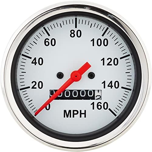 Mechanical Speedometer Gauge, 3-3/8 Inch, White Face with Bold Black Lettering, Orange Needle, 0-160 MPH Range, Includes Installation Kit, Stainless Steel Bezel, Ideal for Hot Rod or Race Car Speedway Motors