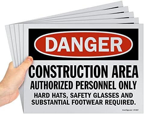 SmartSign 5-Pack 9" x 12" 'Construction Area, Authorized Personnel Only, Hard Hats/Safety Glasses Required' OSHA Signs, Screen Printed, 10 mil Polystyrene Plastic, Red/Black/White, USA-Made SmartSign