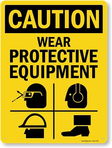 SmartSign 24 x 18 inch “Caution - Wear Protective Equipment” OSHA Metal Sign, 80 mil Laminated Rustproof Aluminum, Black and Yellow SmartSign