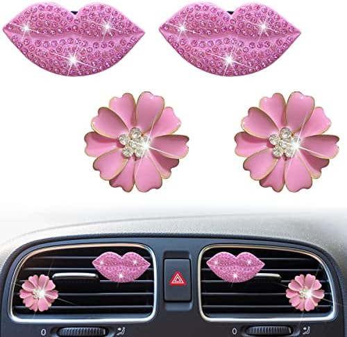 Pink Lip & Daisy Air Vent Clips, 4 Pcs Bling Lips & Flower Car Air Fresheners Vent Clips Car Diffuser Vent Clip Rhinestone Diamond Car Decoration Car Interior Decor Cute Car Accessories for Women Xinjincang