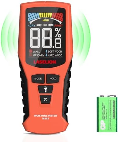 Pinless Moisture Meter MS02 Non-Destructive Wood Moisture Meter Detector with Large LCD Display, Batteries, 4 Modes for Wood, Firewood,Walls,Building Materials Laselion