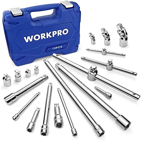 WORKPRO 19-Piece Drive Tool Accessory Set, Includes Socket Adapters, Extensions Set, Universal Joints and Sliding Bar T-handle Wrench, 1/4" 3/8” & 1/2” Drive, Chrome Vanadium Steel with Mirror Finish Workpro