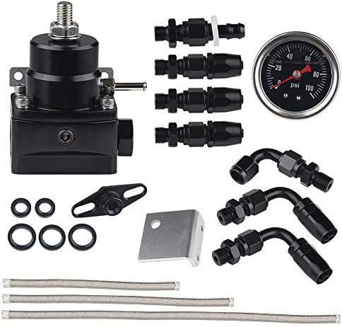 WATERWICH Aluminum EFI Fuel Pressure Regulator Kit Adjustable with 100 Psi Pressure Gauge AN6-6AN Fuel Line Hose Fitting Connectors Kit Universal (Black) Waterwich