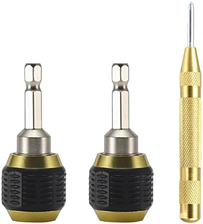 2 Pcs Self-Locking Drill Bit Holder 60mm Length Extension Rod Screwdriver 1/4 Inch Hex Shank Quick Release Chuck Adapter Connector Power Drill Tool with 1 Pcs Automatic Center Punch Tool Kigauru