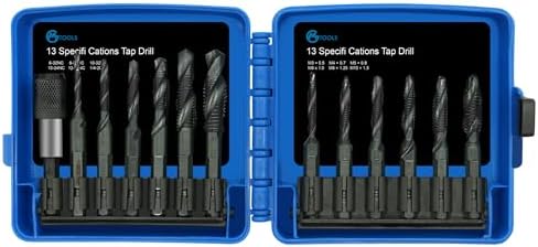 Drill Tap Set with Quick-Change Adapter of 13Pcs, 6 SAE Sizes: 6-32NC to 1/4-20NC, 6 Metric Sizes: M3 to M10,Suitable for Drilling Tapping Threading Countersinking Gmtools