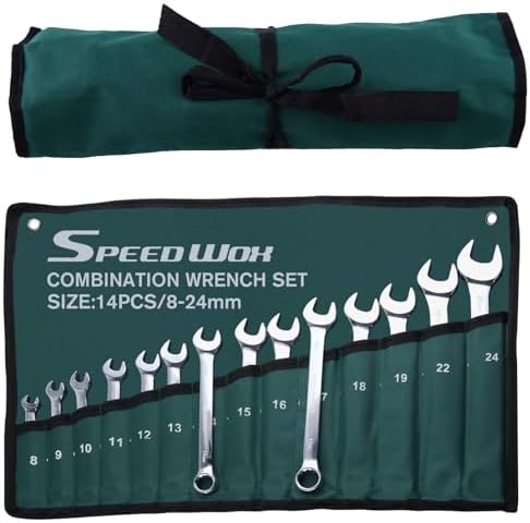 SPEEDWOX 14-Piece Essential Metric Combination Wrench Set Metric 8mm to 24mm 12 Point Combination Wrench Sets in Roll-up Pouch for General Household Garage Chrome Vanadium Steel Mirror Chrome Finish Speedwox