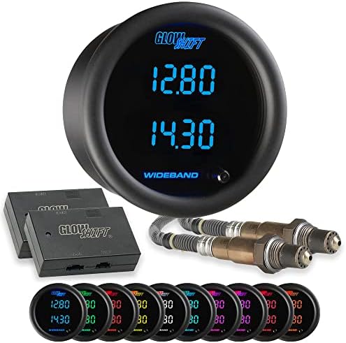 GlowShift 10 Color Digital Dual Wideband Air/Fuel Ratio AFR Gauge - Includes Oxygen Sensors, Data Logging Output & Weld-in Bungs - 2 Multi-Color LED Displays - Tinted Lens - 2-1/16" (52mm) GlowShift