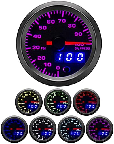 2-1/16" 52mm Oil Pressure Gauge Kit 7 Color 0 to 100 PSI Pointer & LED Digital Readouts Black Dial - Clear Lens Fit for 12V Cars Trucks Iromehony