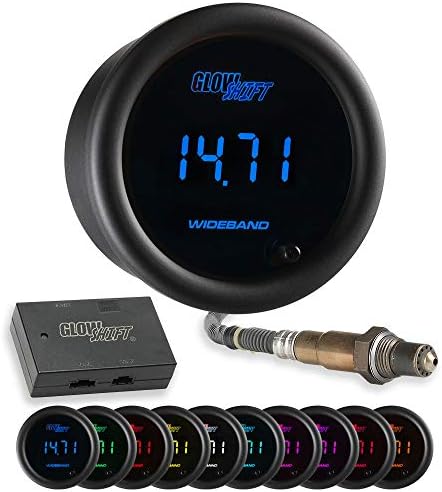 GlowShift 10 Color Digital Wideband Air/Fuel Ratio AFR Gauge - Includes Oxygen Sensor, Data Logging Output & Weld-in Bung - Multi-Color LED Display - Tinted Lens - 2-1/16" (52mm) GlowShift