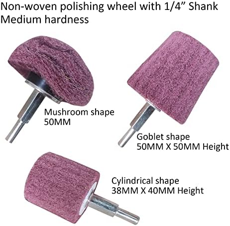 3Pc Mounted Non-Woven Polishing Buffing Wheel for Drill, Kit with Each 1Pc 1/4 Inch Shank Mushroom, Goblet and Cylinder Shaped Polishing Wheel, for Metal Satining, Deburring, Rust and Paint Cleaning Generic