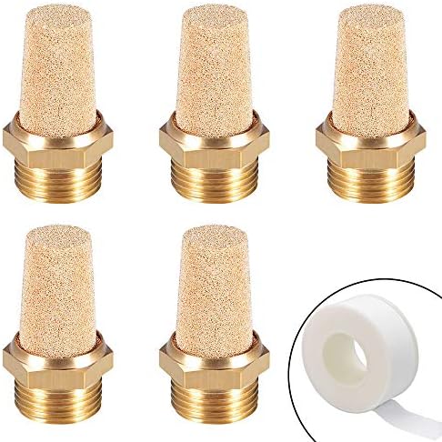 5Pcs Brass Air Pneumatic Mufflers 3/8" Male Thread Hex Sintered Bronze Exhaust Muffler Silencer (Pack of 5 with 1 Teflon Tape) Zlyy