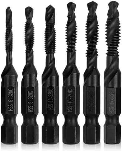 Mesee 6 Pieces Combination Drill Tap Bit Set, Nitriding Coating HSS Taps Drill Bits 1/4-Inch Hex Shank Spiral Screw Thread Tapping Bits in SAE Size 6-32NC 8-32NC 10-24NC 10-32NC 12-24NC 1/4-20NC Mesee