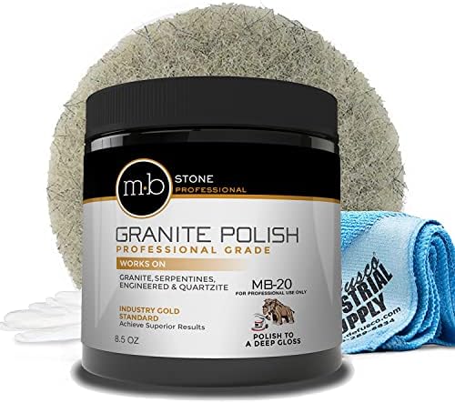 Granite Polishing Compound 8.5 oz - Norton Ultra Grizzly Pad 7-3/4 Inch - 16 x 16 Microfiber Cloth - Gloves - Bundle - 4 Items MB Stone Care