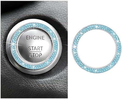 Car Bling Engine Start Ring Decal, Sparkling Rhinestone Vehicle Engine Start Button Decal, Auto Push Start Button Cover Sticker for Most Automotive, Car Accessories (Lake Blue) Povtii