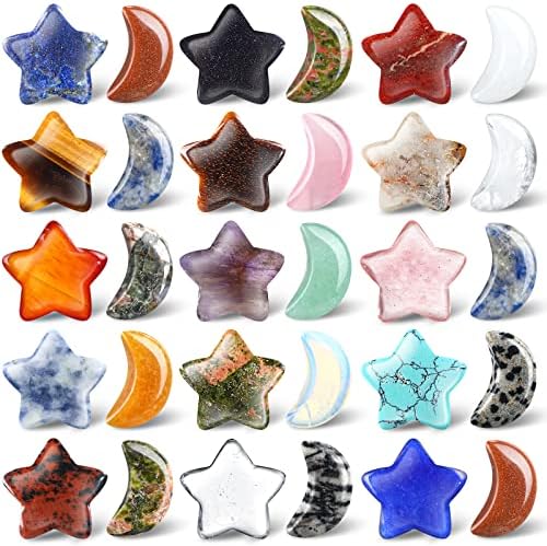 Nuenen 30 Pieces Worry Stones Bulks Moon Star Shaped Crystals Gemstone Star Worry Stones Bulks Palm Moon Hand Carved Thumb Stones for Witchcraft Supplies DIY Meditation Balancing (Classic Colors) Nuenen