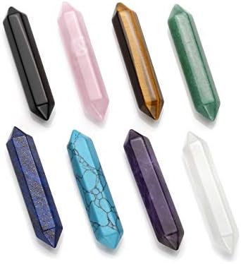 CrystalTears 8pcs Chakra Healing Crystal Double Terminated Points Wands Set Natural Polished Thumbled 6 Facet Stone Decor Reiking Balancing 1.9-2.1" CrystalTears