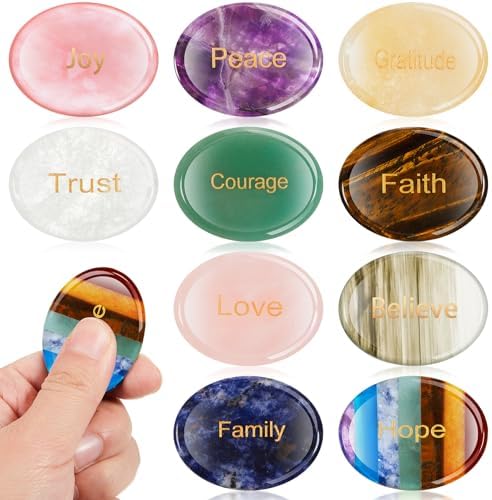 Fabbay 10 Pcs Engraved Inspiring Thumb Worry Stones for Anxiety, Encouragement Motivational Stone Reiki Crystals Meditation Palm Pocket Rock Bulk Gifts Set for Christmas Thanksgiving Decorations Fabbay