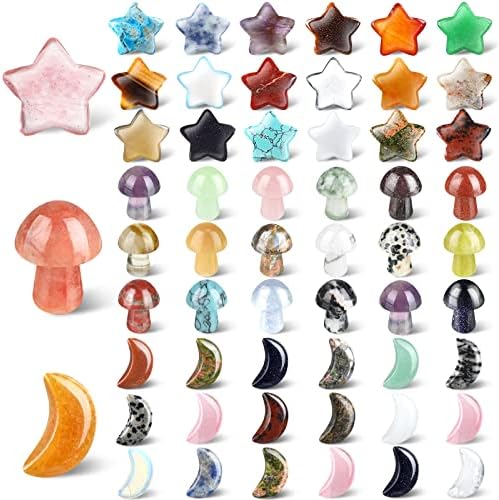 54 Pieces Worry Stones Crystal Mushroom Bulks Moon Star Shaped Crystal Stones Mini Thumb Stones Mushroom Sculpture Decor Gemstones and Crystals for Witchcraft DIY Meditation Balancing (Bright Style) Nuenen