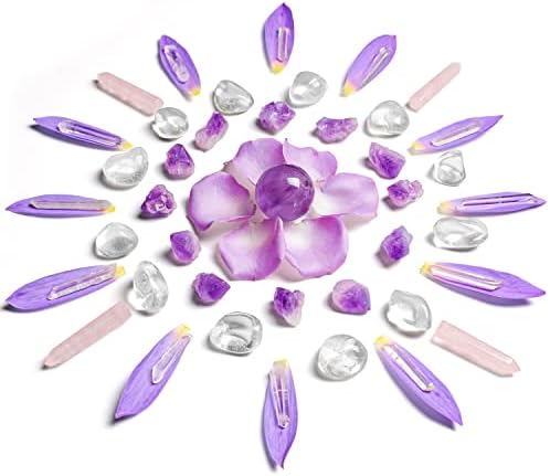 DIY Crown Chakra Healing Crystal Set, Soulnioi Amethyst Crystals Ball & Stones, Clear Quartz Stone& Points, Rose Quartz Points, Tablecloth Mat for DIY Plant Crystal Mandala Grid Soulnioi