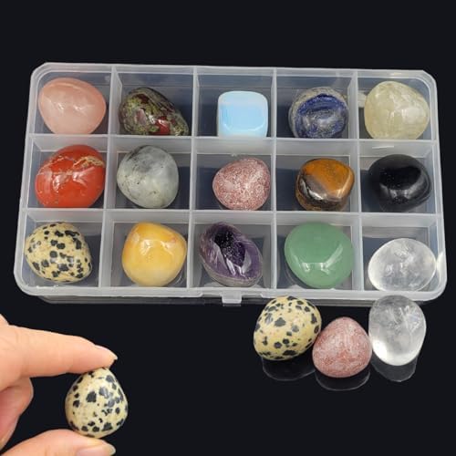 15pcs Tumbled Rock & Mineral Collection Set for Adults and Kids,Polished Gemstones Kit for Jewelry Making,Chakra Stones for Crystal Beginner Starter SeeuFun