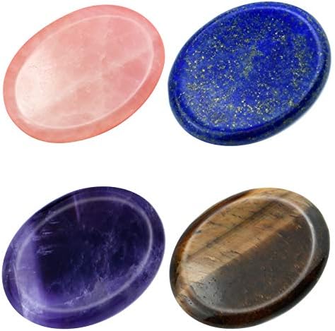 Marrywindix 4 Packs Natural Thumb Worry Stone Set Pink Crystal Amethyst Tiger Eye Lapis Lazuli for Anxiety Stress Relief Meditation Crystal Therapy Marrywindix