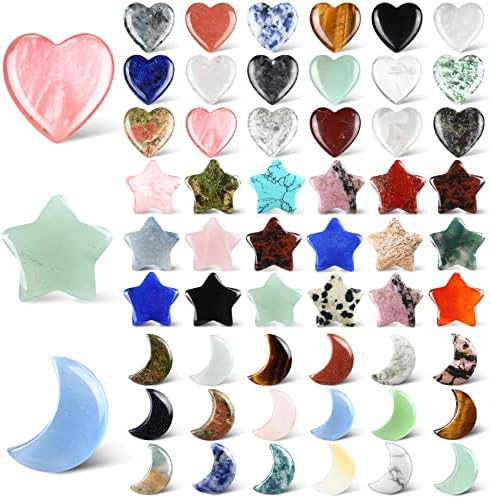 Nuenen 54 Pcs Worry Stones Bulk Heart Moon Star Natural Crystal Stones Tiny Crystals Gemstones Assorted Thumb Quartz Crystal Stones for Graduation Teacher Gift Meditation Balancing DIY(Cute Color) Nuenen